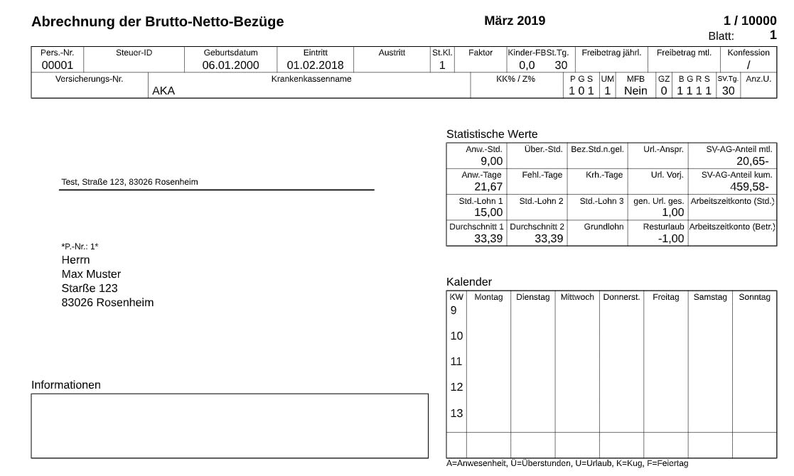 Beispiel einer Gehaltsabrechnung der Brutto-Netto-Bezüge
