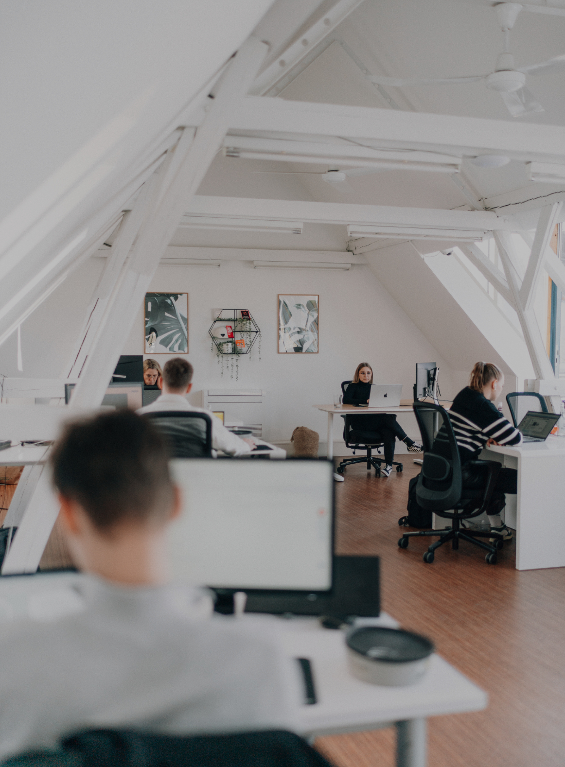Mehrere Personen arbeiten konzentriert an ihren Schreibtischen in einem hellen, offenen Büro mit weißen Dachbalken und moderner Einrichtung