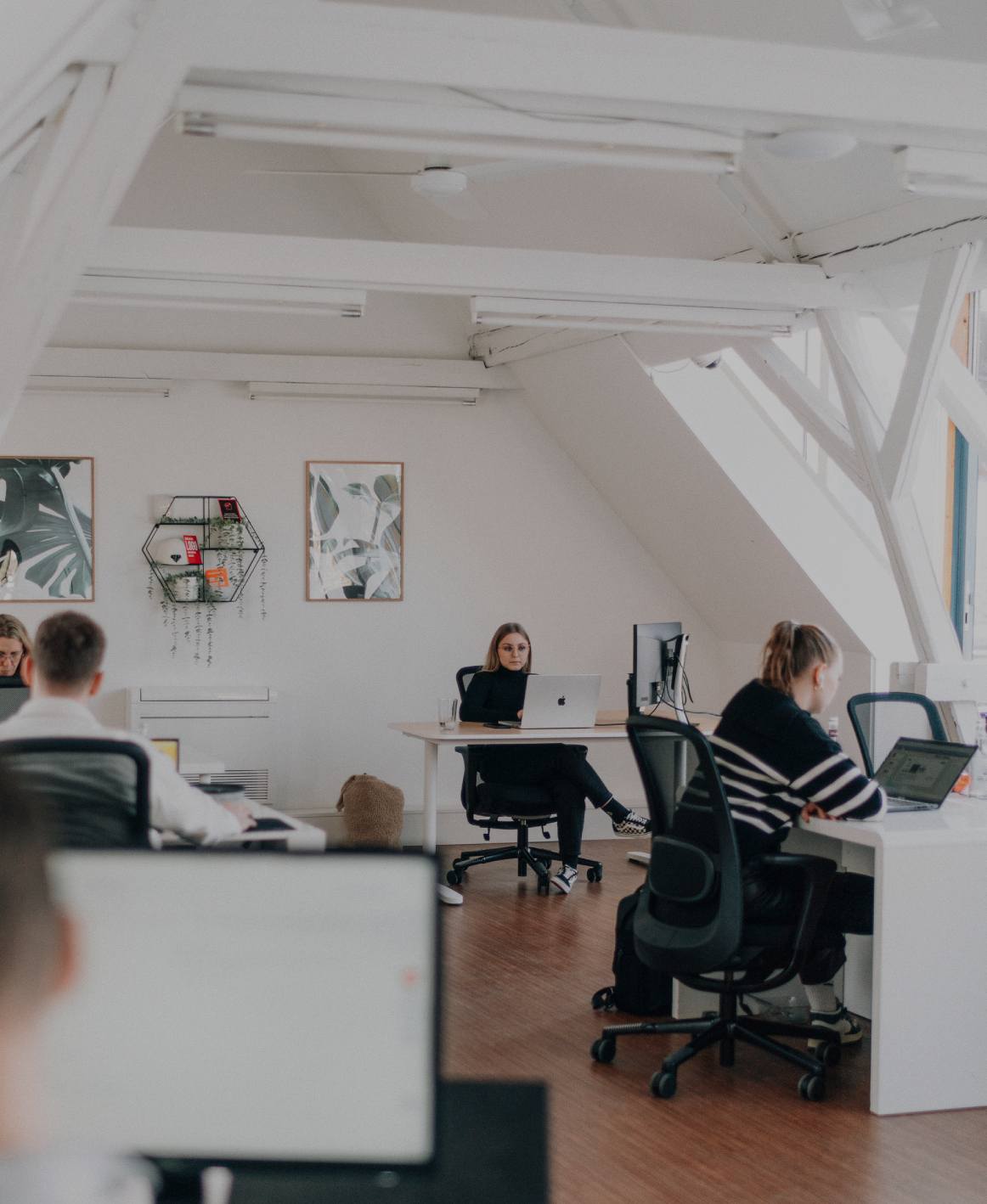 Mehrere Personen arbeiten konzentriert an ihren Schreibtischen in einem hellen, offenen Büro mit weißen Dachbalken und moderner Einrichtung