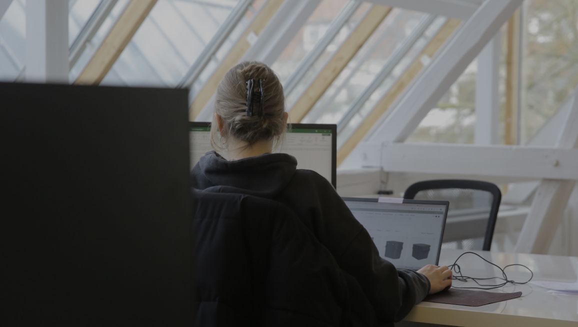 Person arbeitet an einem Laptop im Büro, von hinten aufgenommen, mit schrägen Dachfenstern im Hintergrund.