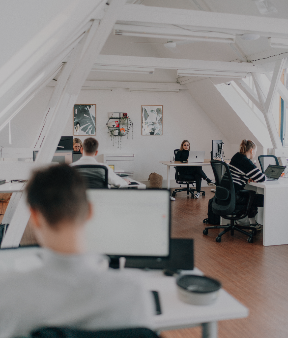 Mehrere Personen arbeiten konzentriert an ihren Schreibtischen in einem hellen, offenen Büro mit weißen Dachbalken und moderner Einrichtung