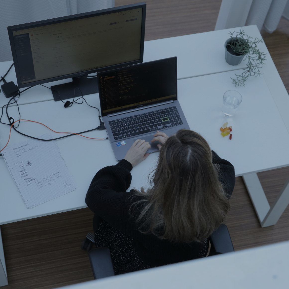 Person tippt an einem Laptop am Schreibtisch im Büro, aufgenommen aus der Vogelperspektive, mit externem Monitor und kleiner Pflanze