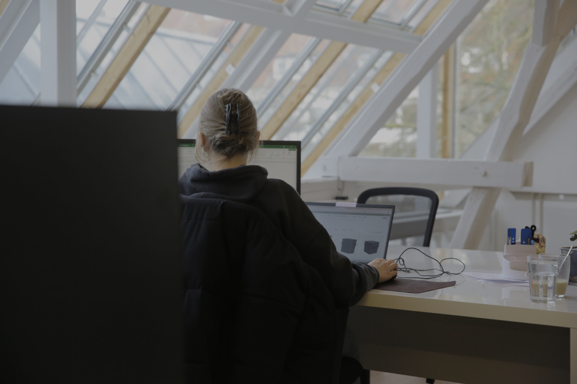 Person arbeitet an einem Laptop im Büro, von hinten aufgenommen, mit schrägen Dachfenstern im Hintergrund