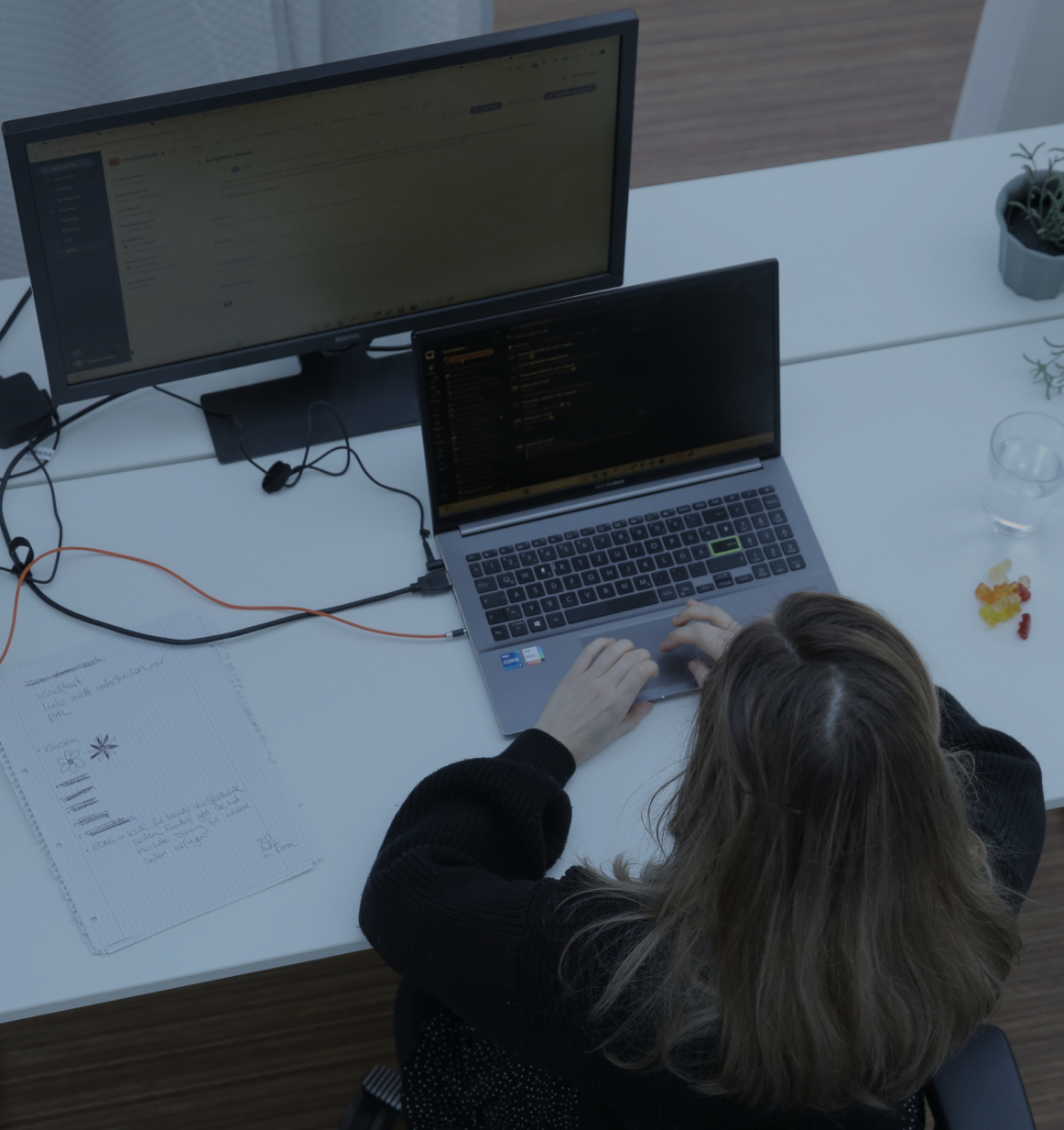 Person tippt an einem Laptop am Schreibtisch im Büro, aufgenommen aus der Vogelperspektive, mit externem Monitor und kleiner Pflanze