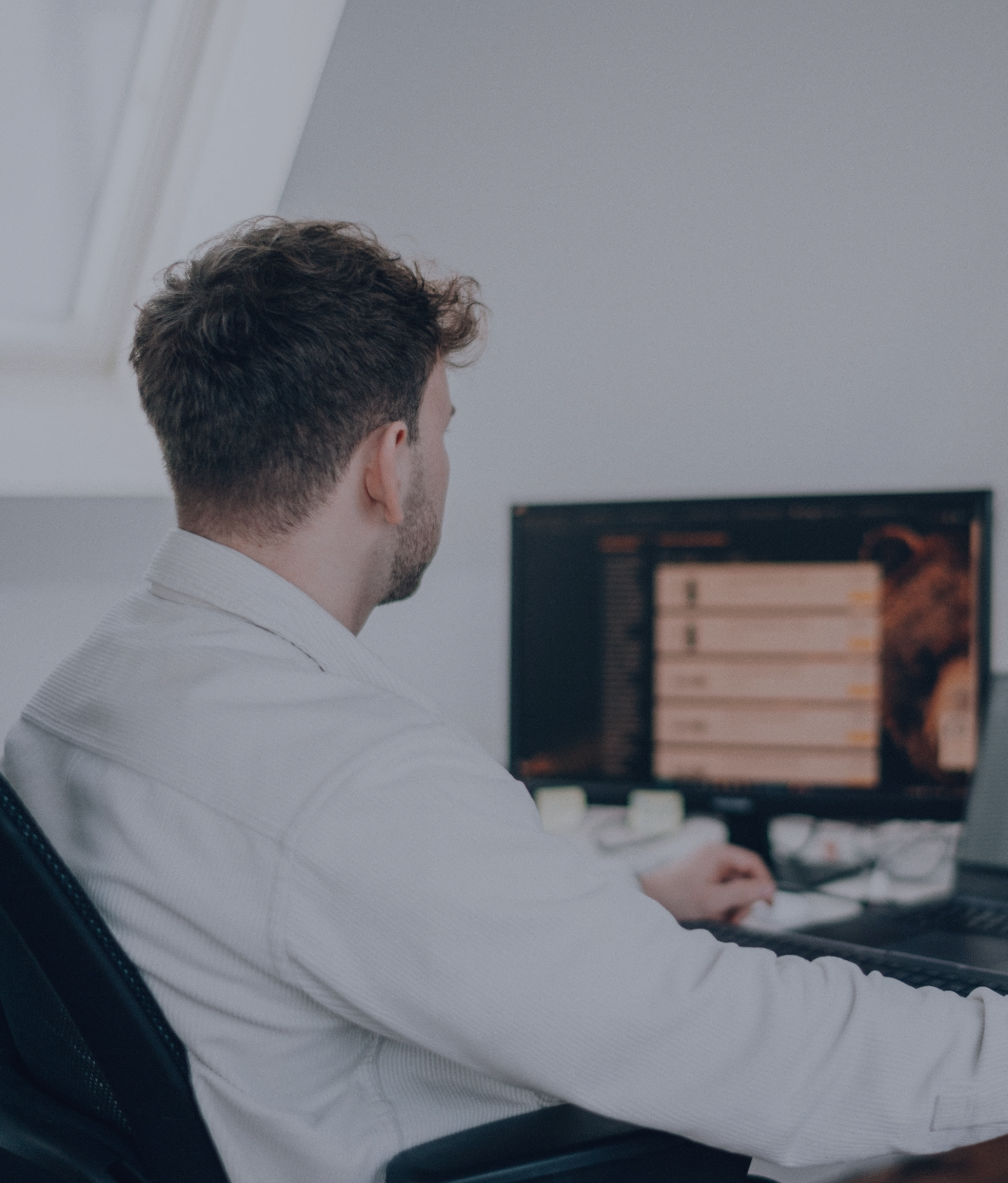 Person sitzt an einem Schreibtisch und arbeitet an einem Computer mit großem Monitor in einem hellen Büro, von hinten bzw. seitlich fotografiert