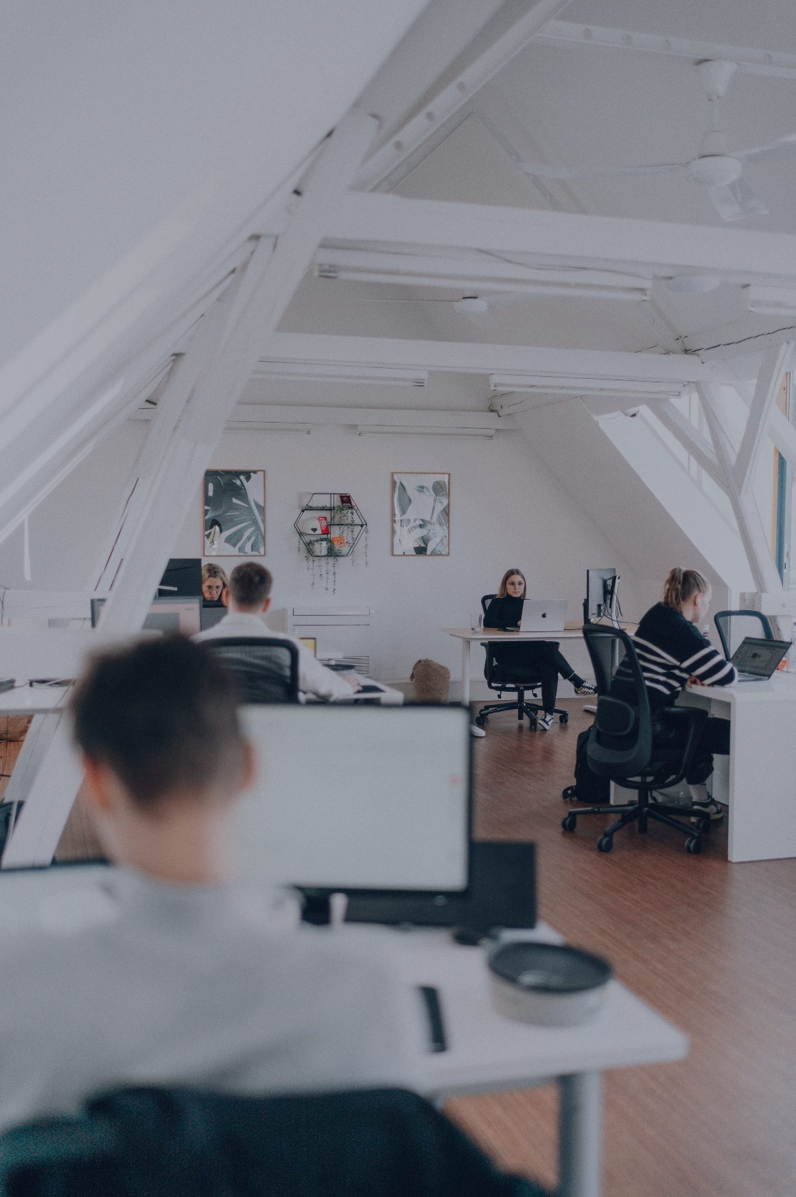 Mehrere Personen arbeiten an Computern in einem hellen Großraumbüro mit Dachschrägen