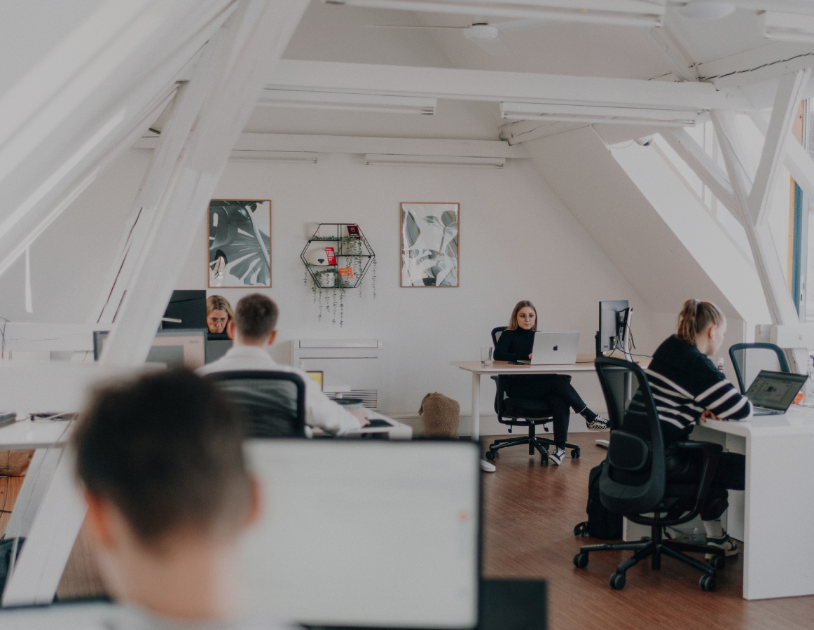 Mehrere Personen arbeiten konzentriert an ihren Schreibtischen in einem hellen, offenen Büro mit weißen Dachbalken und moderner Einrichtung