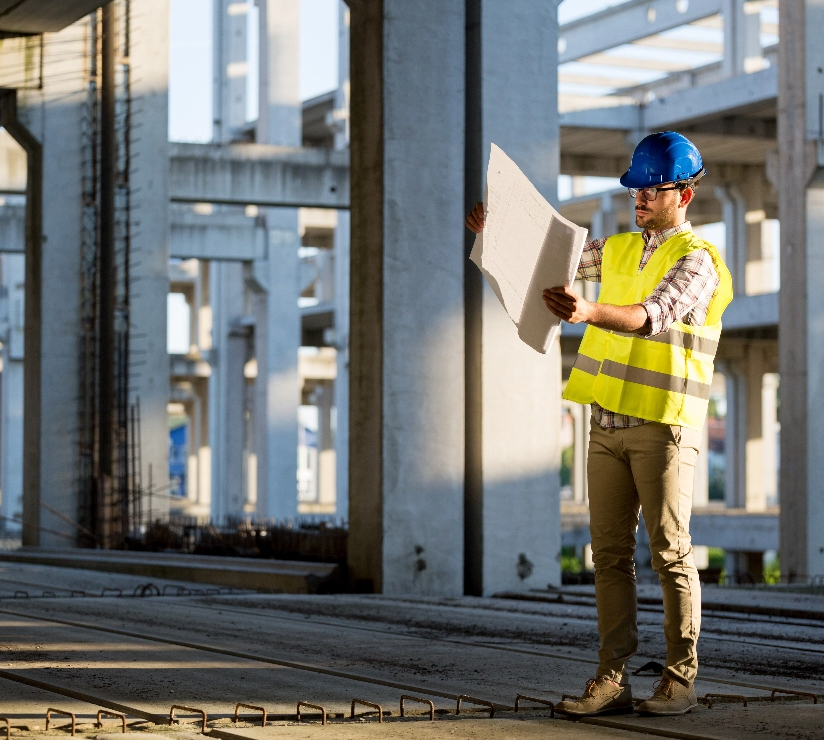 Ingenieur arbeitet auf der Baustelle und hält Bauplan in der Hand